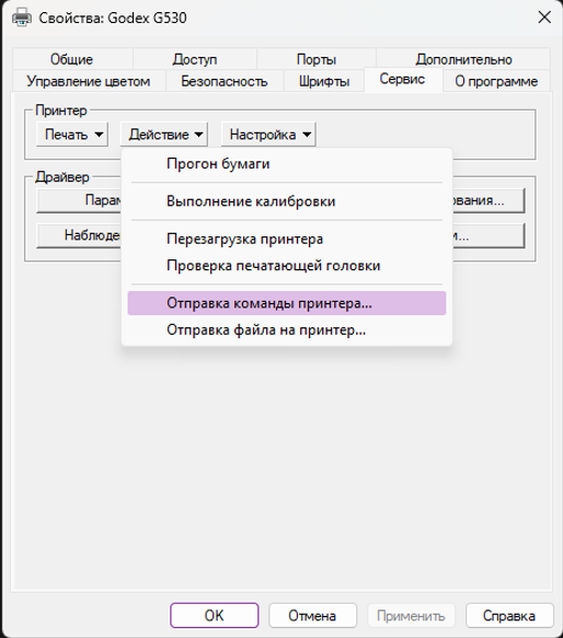 Ввод команд через свойства принтера в Windows
